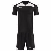 Men Soccer Team Sport Jersey set 2-piece Front view of Omka soccer jersey in black with white accents and matching shorts. Features a V-neck, short sleeves, and a comfortable waistband. The jersey showcases the Omka logo on the chest and includes a convenient pull-on closure for easy wear.
