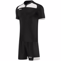 Men Soccer Team Sport Jersey set 2-piece Side view of a men’s Omka football jersey in black. Made from 100% polyester, this team sportswear has a pull-on closure, short sleeves, and a double-layered design. It’s breathable, sweat-absorbing, and ideal for fitness activities.