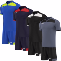 Men Soccer Team Sport Jersey set 2-piece Omka soccer jersey with V-neck, short sleeves, and matching fitness shorts. Available in 4 colors, made from 100% breathable polyester. Features pull-on closure and double-layered design for enhanced comfort and durability.