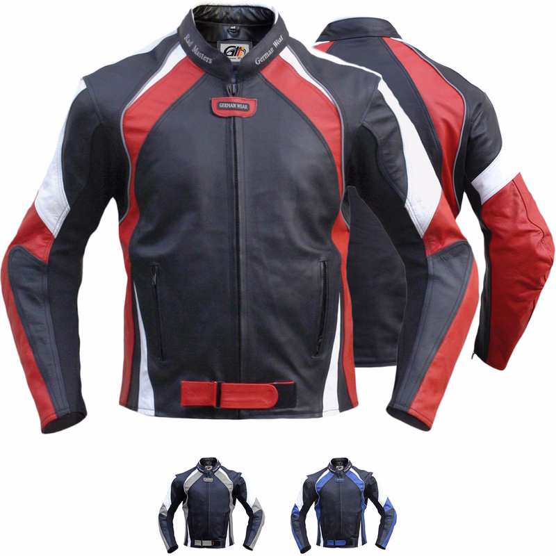 Cowhide Leather Motorcycle Combinable Jacket Men's motorcycle combinable jacket in red presents its front &rear views, equipped with shoulder, elbow, &back protectors. Additionally, it features 2front pockets with hidden zips, along with one inside pocket