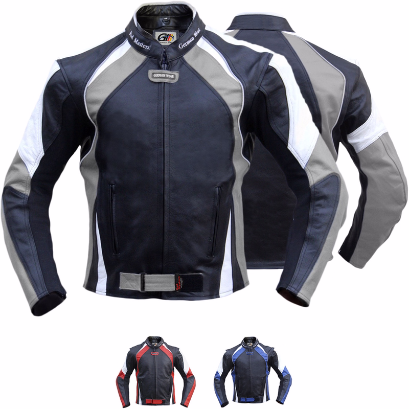 Motorrad-Kombi-Jacke aus Rindsleder Herren-Motorrad-Kombi-Jacke in Rot zeigt Vorder- und Rückansicht, ausgestattet mit Protektoren an Schultern, Ellbogen und Rücken. Zudem verfügt sie über zwei Fronttaschen mit verdeckten Reißverschlüssen sowie eine Innentasche.
