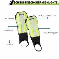 Detailansicht der grünen Schienbeinschoner mit Nahaufnahme der EVA-Schaumstoffpolsterung, des Klettverschlusses und der strapazierfähigen Schutzschale.