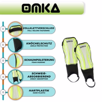 Detaillierte Darstellung der grünen Fußball-Schienbeinschoner von OMKA, die sich durch atmungsaktiven Komfort, Knöchelunterstützung und ergonomische Passform auszeichnen.