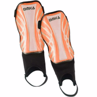 Single neon orange OMKA shin guard image, lightweight design with EVA cushioning and ankle protection.