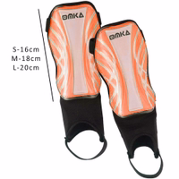 Measurement guide of orange shin guard, displaying fit sizes for youth and adults ranging from under 140 cm to 180 cm.