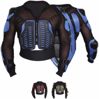 Front and back view of motorcycle blue armor protective jacket with V shape neck zipper closure and strong back protector crafted for motocross riders needing comfort style and reliable safety buy online now