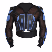 Front view of motorcycle blue armor protective jacket featuring lightweight motocross protective gear with chest shoulder and elbow armor adjustable straps and breathable design for riders get now online