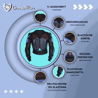 Features show of motorcycle blue armor protective jacket highlighting underarm ventilation padded neckline and adjustable straps ensuring breathable comfort and superior impact protection get now today