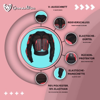 Motorrad-Schutzjacke Features der roten Motorrad-Armor-Schutzjacke: ergonomische Passform, V-Ausschnitt, offene Unterarmbelüftung, gepolsterter Kragen und elastische Bündchen – langlebiger Schutz beim Fahren. Jetzt sichern!