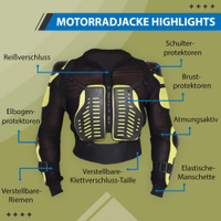 The motorcycle yellow armor protective jacket provides premium protective gear with durable construction soft padded neckline and open underarm ventilation for riders seeking safety and comfort buy now