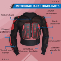 Motorrad-Schutzjacke Die rote Motorrad-Armor-Schutzjacke bietet Premium-Schutz mit Brust-, Schulter-, Ellbogen- und Unterarmprotektoren – Sicherheit, Komfort und stylisches Design für Fahrer. Jetzt kaufen!