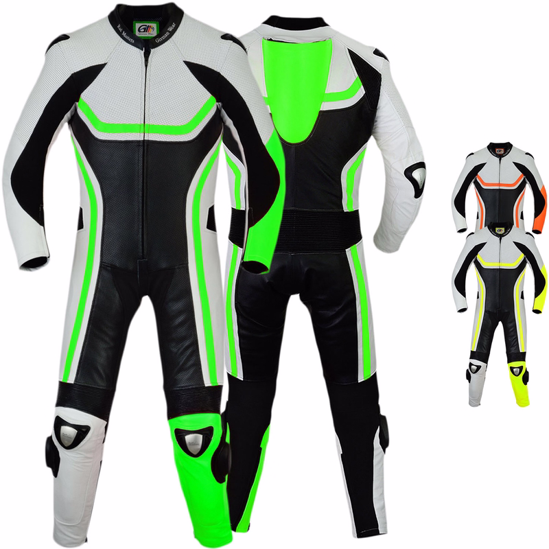 Front and Back view of best Green combi German Wear Motorcycle Leathers. Crafted from real cowhide leather with fluorescent accents. Boasting a back protector & hump protection for enhanced safety on the road Buy