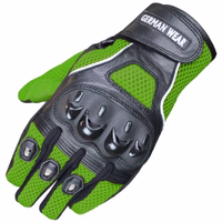 Upgrade your gear with Green motorbike gloves. Featuring thinsulate fibers, knuckle protection, and Velcro wrist adjustment, these gloves offer comfort and durability. Perfect for summer rides.