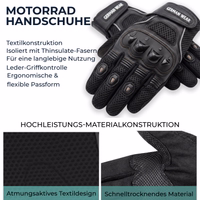 Motorcycle gloves with German text about textile construction and quick-drying material