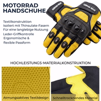 Motorradhandschuhe mit deutschem Text über textile Konstruktion und schnell trocknendes Material.