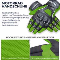 Motorcycle gloves with German text about textile construction and quick-drying material