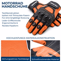 Motorradhandschuhe mit deutschem Text über textile Konstruktion und schnell trocknendes Material.
