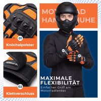 Person mit Motorrad-Handschuhen, mit dem Text „Maximale Flexibilität“ sowie Nahaufnahmen der Handschuh-Features.