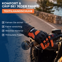 Motorradhandschuh, der den Lenker greift, mit dem Text „Komfort & Grip bei jeder Fahrt“ sowie einer Funktions-Checkliste.
