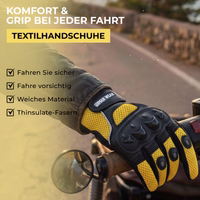Motorradhandschuh, der den Lenker greift, mit dem Text „Komfort & Grip bei jeder Fahrt“ sowie einer Funktions-Checkliste.