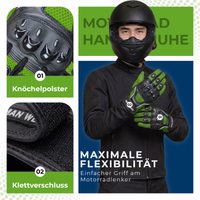 Person wearing motorcycle gloves with “Maximale Flexibilität” text and glove feature close-ups