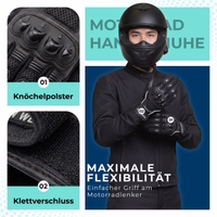Person wearing motorcycle gloves with “Maximale Flexibilität” text and glove feature close-ups
