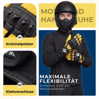 Person mit Motorrad-Handschuhen, mit dem Text „Maximale Flexibilität“ sowie Nahaufnahmen der Handschuh-Features.