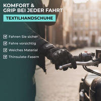 Motorcycle glove gripping handlebar with “Komfort & Grip bei jeder Fahrt” and feature checklist text