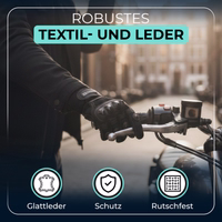 Person wearing motorcycle gloves on a bike handle with German text about leather, protection and grip resistance