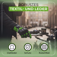 Person wearing motorcycle gloves on a bike handle with German text about leather, protection and grip resistance