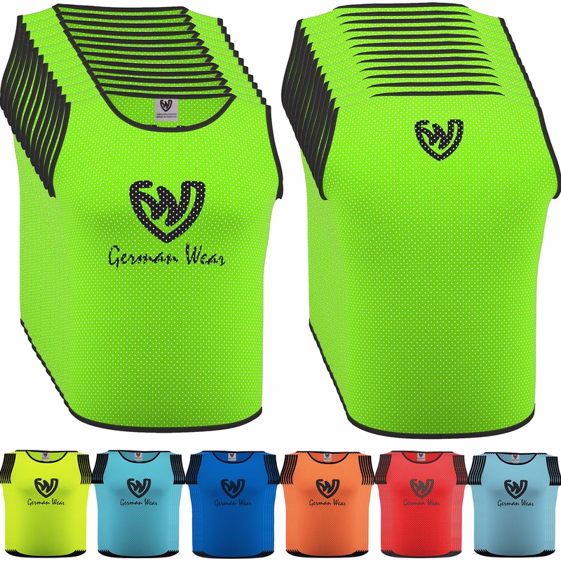 German Wear 12-Pack Soccer Bibs Front and back view of German Wear 12-Pack Soccer Red Bibs designed in breathable dual mesh polyester lightweight and durable fabric suitable for soccer basketball handball and rugby training buy now
