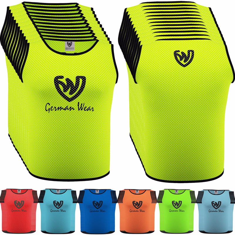 German Wear 12-Pack Soccer Bibs Front and back view of German Wear 12-Pack Soccer Red Bibs designed in breathable dual mesh polyester lightweight and durable fabric suitable for soccer basketball handball and rugby training buy now