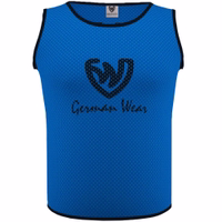 Vorderansicht der German Wear 12er-Pack Fußball-Westen in Königsblau mit Pull-On-Verschluss, Kurzarm-Passform und weicher Mesh-Struktur – entwickelt für Komfort und Flexibilität im Teamtraining. Jetzt sichern!