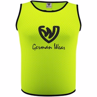 German Wear 12-Pack Soccer Bibs Front view of German Wear 12-Pack Soccer Yellow Bibs featuring pull on closure short sleeve fit and breathable dual mesh construction designed for comfort in professional team practice get now