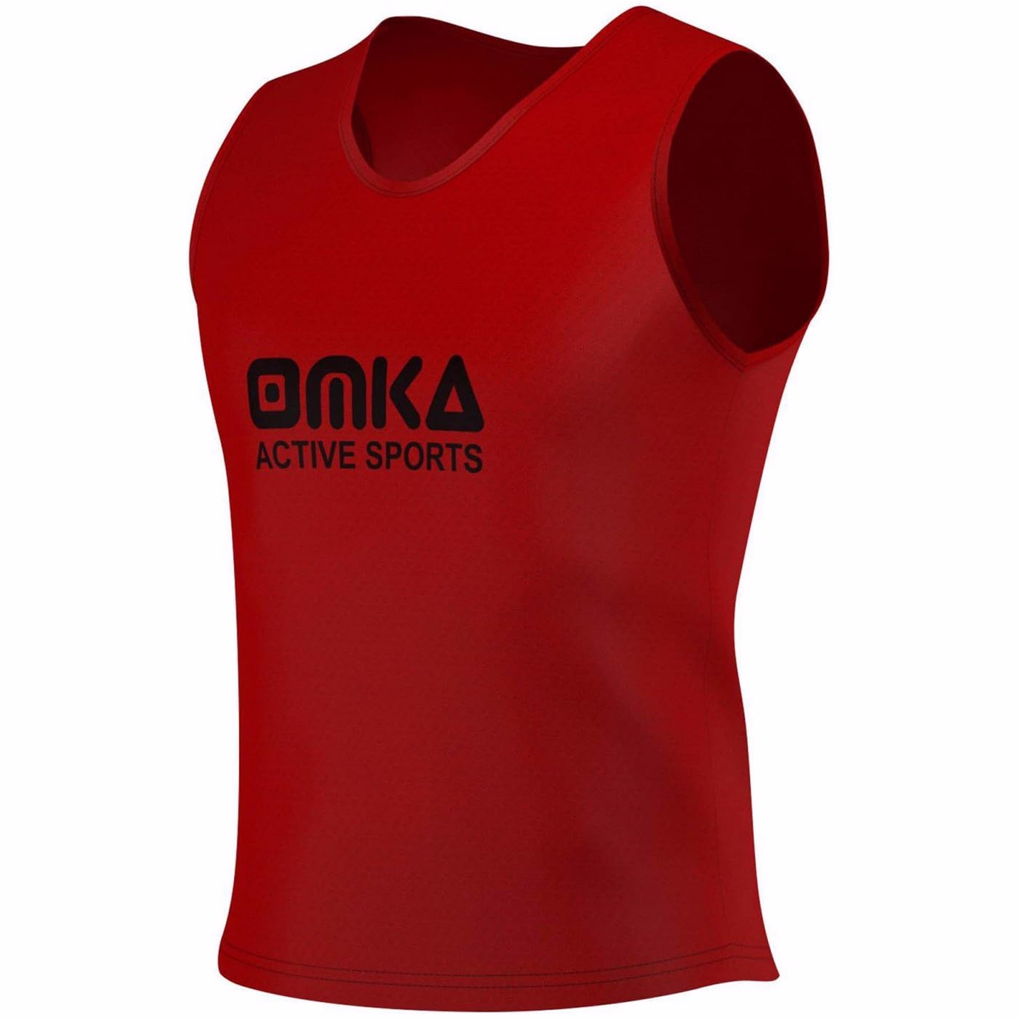 OMKA 12-Pack Soccer Bibs Side view of OMKA 12-Pack Soccer Red Bibs made with 100 percent micro polyester mesh offering comfort movement and airflow designed for intense drills and professional team training buy now.