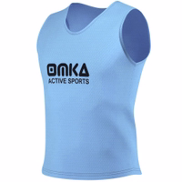 OMKA 12-Pack Soccer Bibs Side view of OMKA 12-Pack Soccer Medium Blue Bibs showing premium breathable mesh fabric with flexible fit and cooling airflow designed for mobility comfort and durability during practice buy now.