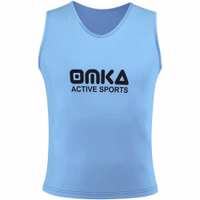 OMKA 12-Pack Soccer Bibs Front view of OMKA 12-Pack Soccer Medium Blue Bibs featuring elastic micro polyester mesh fabric sleeveless cut and enhanced airflow to keep athletes cool and flexible during intense training get now.