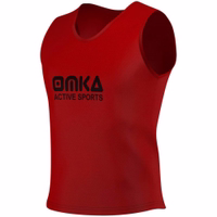 OMKA 12-Pack Soccer Bibs Side view of OMKA 12-Pack Soccer Red Bibs made with 100 percent micro polyester mesh offering comfort movement and airflow designed for intense drills and professional team training buy now.