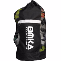 OMKA Soccer Ball Bag Travel Bag Carry Bag OMKA Soccer Ball Bag in black, front view showing durable polyester design, mesh ventilation, and zippered pocket. Large ball sack holds up to 10 soccer, rugby, or handballs.