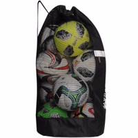 OMKA Soccer Ball Bag Travel Bag Carry Bag Side view of OMKA Ball Bag in black with adjustable shoulder strap and breathable mesh. Durable polyester training ball bag for soccer, rugby, and team sports.
