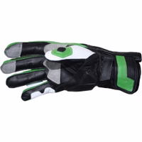 Motorradlederhandschuhe in Blau, Rot und Grün Vorderansicht von hochwertigen grünen Motorradhandschuhen aus 100 % glattem Rindsleder. Mit verstellbaren Riemen für eine individuelle Passform bieten diese Handschuhe optimalen Grip und verbesserte Handhabung.