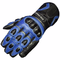 Blaue Motorradhandschuhe für Herren aus Leder mit Belüftungsöffnungen für Atmungsaktivität, verstellbarem Klettverschluss und weichem Material aus 100 % Rindsleder für hohen Tragekomfort.
