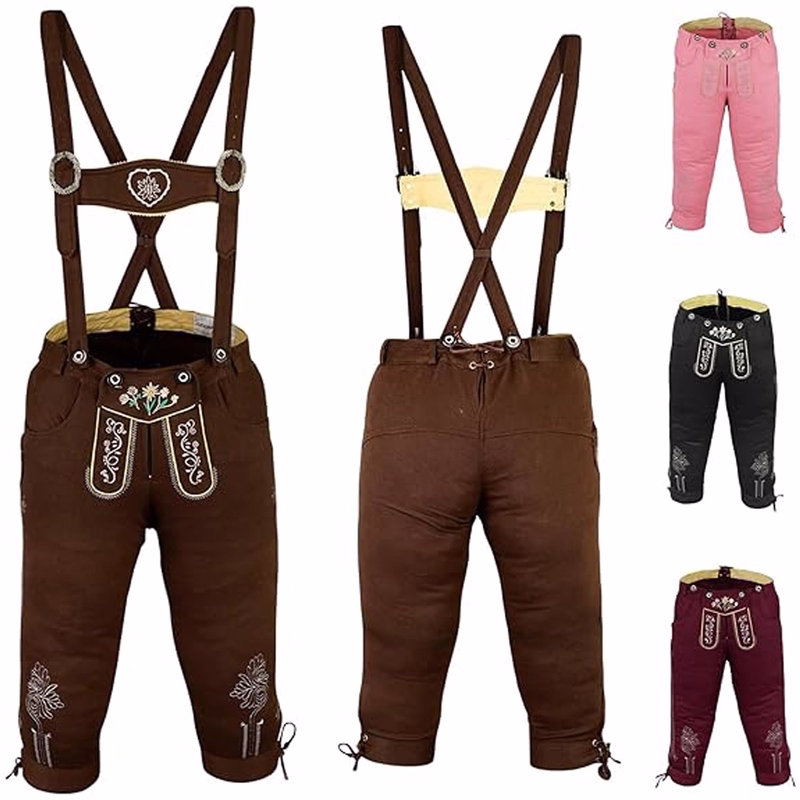 Bavarian Traditional Women’s Pant with suspenders Front and back view of Bavarian Traditional Black Women’s Pant with suspenders featuring soft cotton, adjustable drawstrings, belt loops, and authentic Edelweiss embroidery. Buy online now.