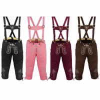 Front view of Bavarian Traditional Women’s Pants in Black, Pink, Dark Brown, and Wine Red with suspenders, soft cotton, Edelweiss embroidery, adjustable waist, and belt loops for a perfect fit. Buy online now.