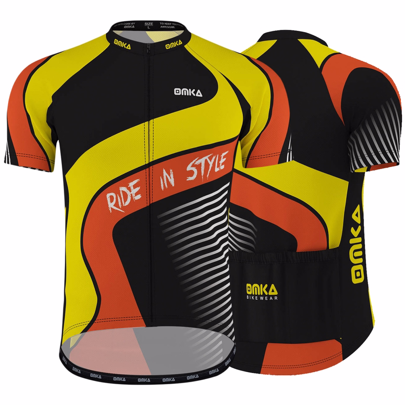 Herren-Rennradtrikot mit Sublimationsdruck OMKA Herren-Radtrikot, Vorder- und Rückansicht – Sublimationsbedrucktes Kurzarm-Radtrikot mit atmungsaktivem Mesh-Material, ergonomischer Passform und durchgehendem Reißverschluss.