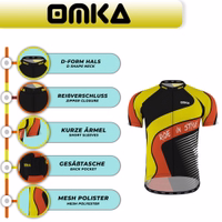 Detailed features of OMKA Men’s Cycling Jersey – lightweight polyester, sweat-wicking mesh fabric, anti-chafing seams, rear pockets, and sublimation printed design.
