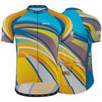 Front and back view of OMKA Men’s Cycling Jersey in tropical sublimation print, short sleeve racing fit, lightweight polyester, quick-dry mesh, and 3 rear pockets for storage.