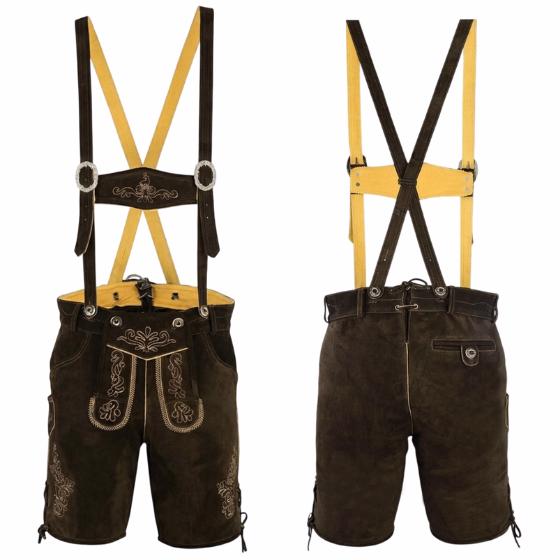 Leather-Style Bavarian Breeches Front and rear view of chestnut brown suede leather short pant. Made from 100% suede with adjustable height and side knife pockets. German craftsmanship. Includes suspenders for a classic touch. Short pants with a blend of style and functionality.