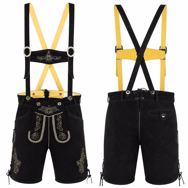 Lederstil Bayerische Kniebundhosen Vorder- und Rückansicht einer kurzgeschnittenen Kniebundhose aus kastanienbraunem Wildleder. Hergestellt aus 100 % Wildleder mit verstellbarer Länge und seitlichen Messertaschen. Deutsche Handwerkskunst. Mit Hosenträgern für einen klassischen Akzent. Kurzh