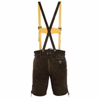 Rear view of classic dark brown suede short leather pants, featuring a side knife pocket, button closure, and adjustable back cords. Made from 100% premium suede, these traditional pants combine style and functionality.